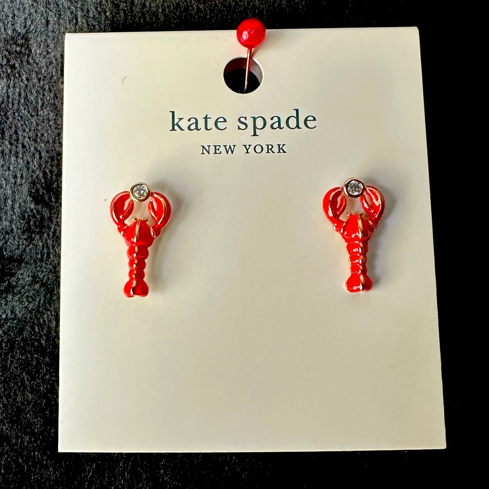 Kate Spade Love Lobster stud earrings Rose gold plated metal/red enamel crystals